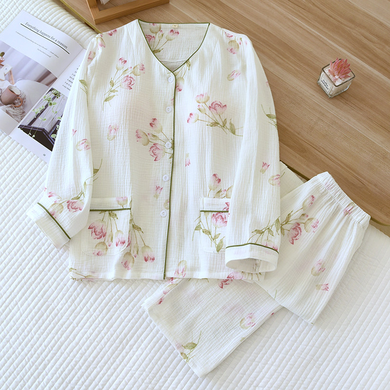 婴儿棉免文胸双层纱布睡衣女春秋夏季薄款纯棉V领带胸垫长袖家居,淘宝优惠券,粉丝福利购,淘宝优惠卷