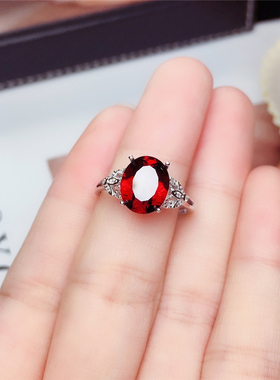 新款天然椭圆石榴石宝石纯银戒指