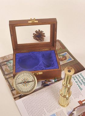 印度进口手工黄铜金色指南针盒装航海罗盘户外登山望远镜收藏礼品