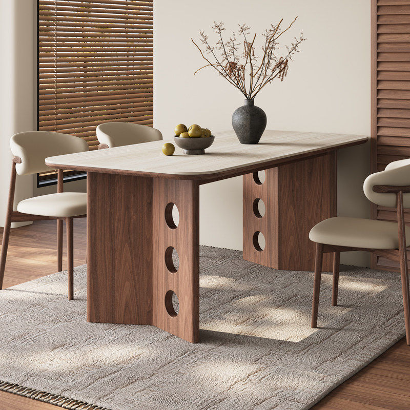 中古风洞石岩板餐桌现代简约家用小户型长方形实木饭桌胡桃色餐桌,淘宝优惠券,粉丝福利购,淘宝优惠卷