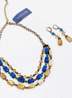 外贸复古中古饰品多层设计感图画石项链耳环套装优雅气质个性精品