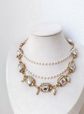 Vintage中古复古外贸饰品珍珠多层项链优雅气质设计感尾链有标