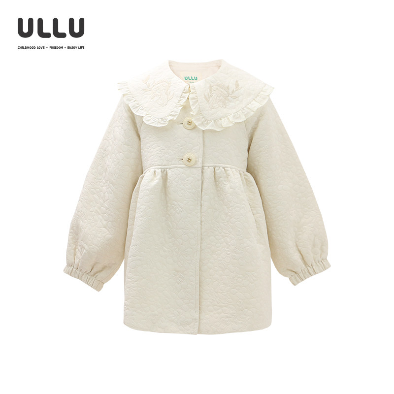 优露童装女童中长款风衣ULLU25秋款欧根纱木耳边绣花翻领提花外套,淘宝优惠券,粉丝福利购,淘宝优惠卷