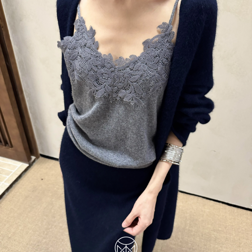 TOMORROW ANN秋新山羊绒老钱风拼接蕾丝时尚吊带显瘦背心女12213 - 图0