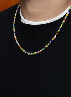 工装飞行员 原创手工复古日本进口小众百搭925银日系串珠彩虹项链