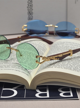 防紫外线椭圆形复古男女木纹墨镜