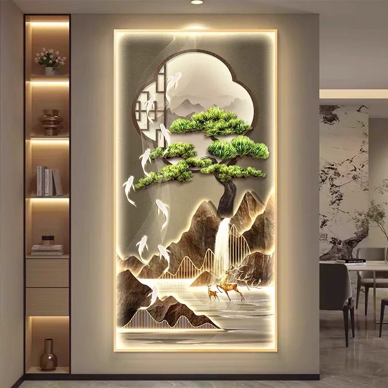 包安装进门入户玄关装饰画迎客松挂画带灯走廊过道墙壁画LED灯画,淘宝优惠券,粉丝福利购,淘宝优惠卷