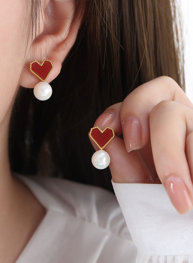 法式复古酒红色爱心项链