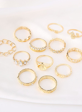 欧美跨境饰品个性复古风长城纹玫瑰花马眼链条几何形12件戒指套装