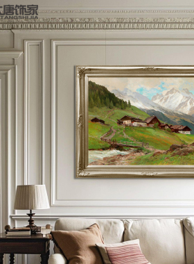 手绘复古侘寂风美式客厅风景油画 玄关壁炉装饰画 山区农舍N333