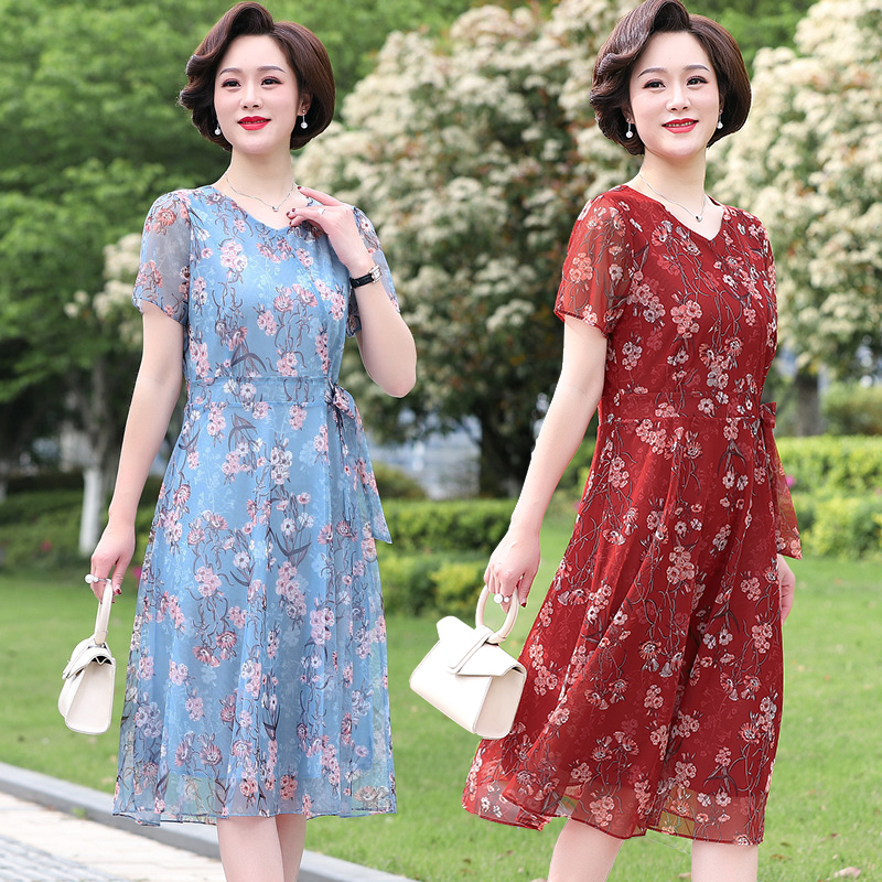 歌芳妮女装旗舰店中老年女装中长款连衣裙加肥加大码中年妈妈装过膝裙洋气短袖夏装3