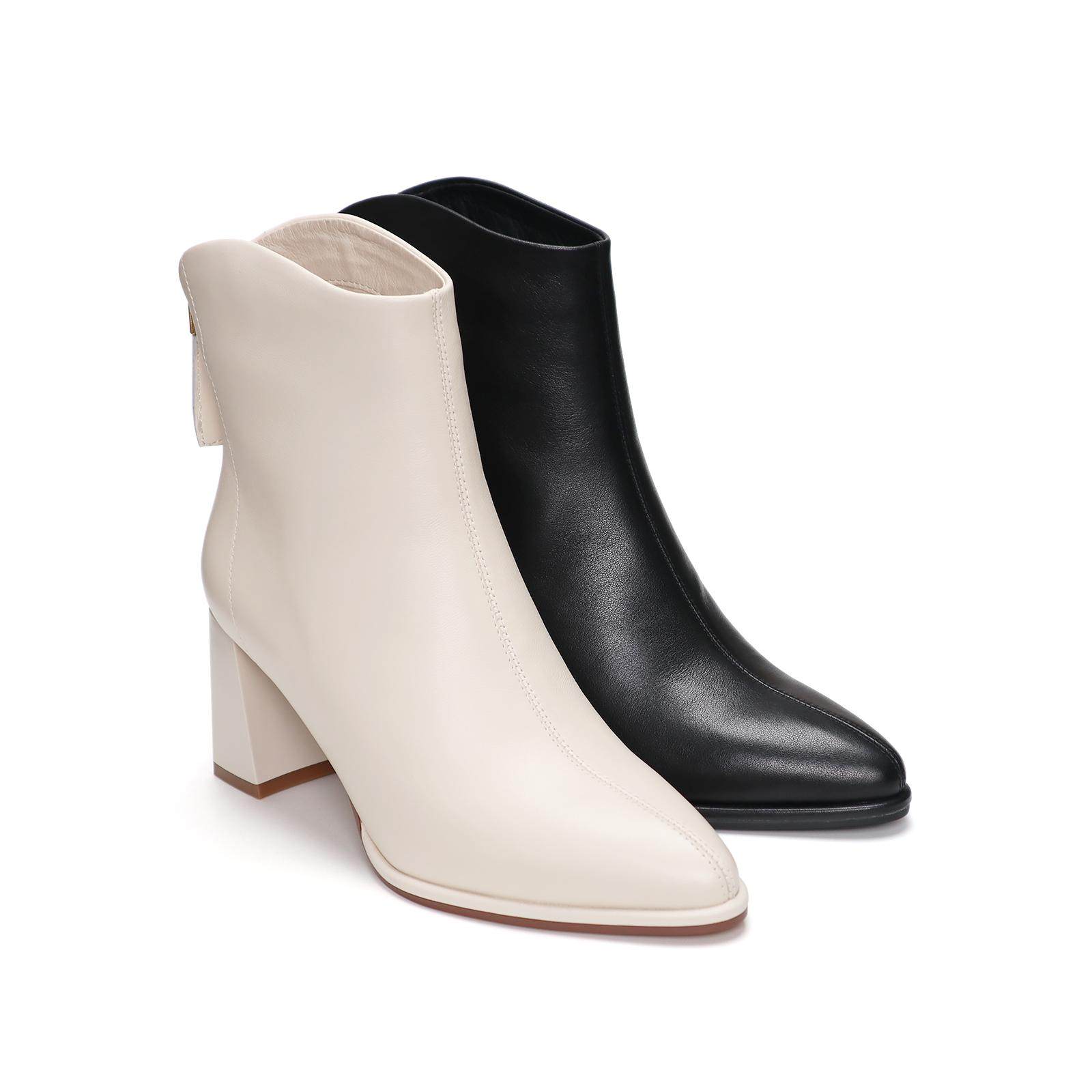 COMELY康莉2025新款尖头粗跟时装靴羊皮后拉链裸靴女短靴KYQ48668,淘宝优惠券,粉丝福利购,淘宝优惠卷