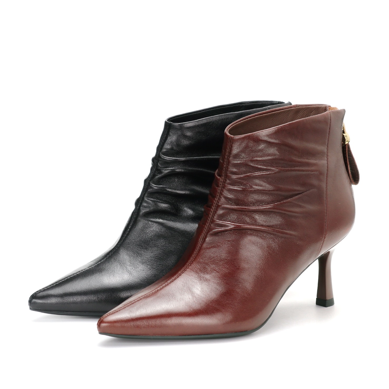 COMELY康莉2025尖头细跟高跟皱纹后拉链短靴靴裸靴女靴子KYQ58656 - 图1