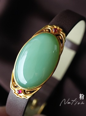 天然和田玉碧玉老料粉青手牌18k金镶嵌玉石手饰送礼物