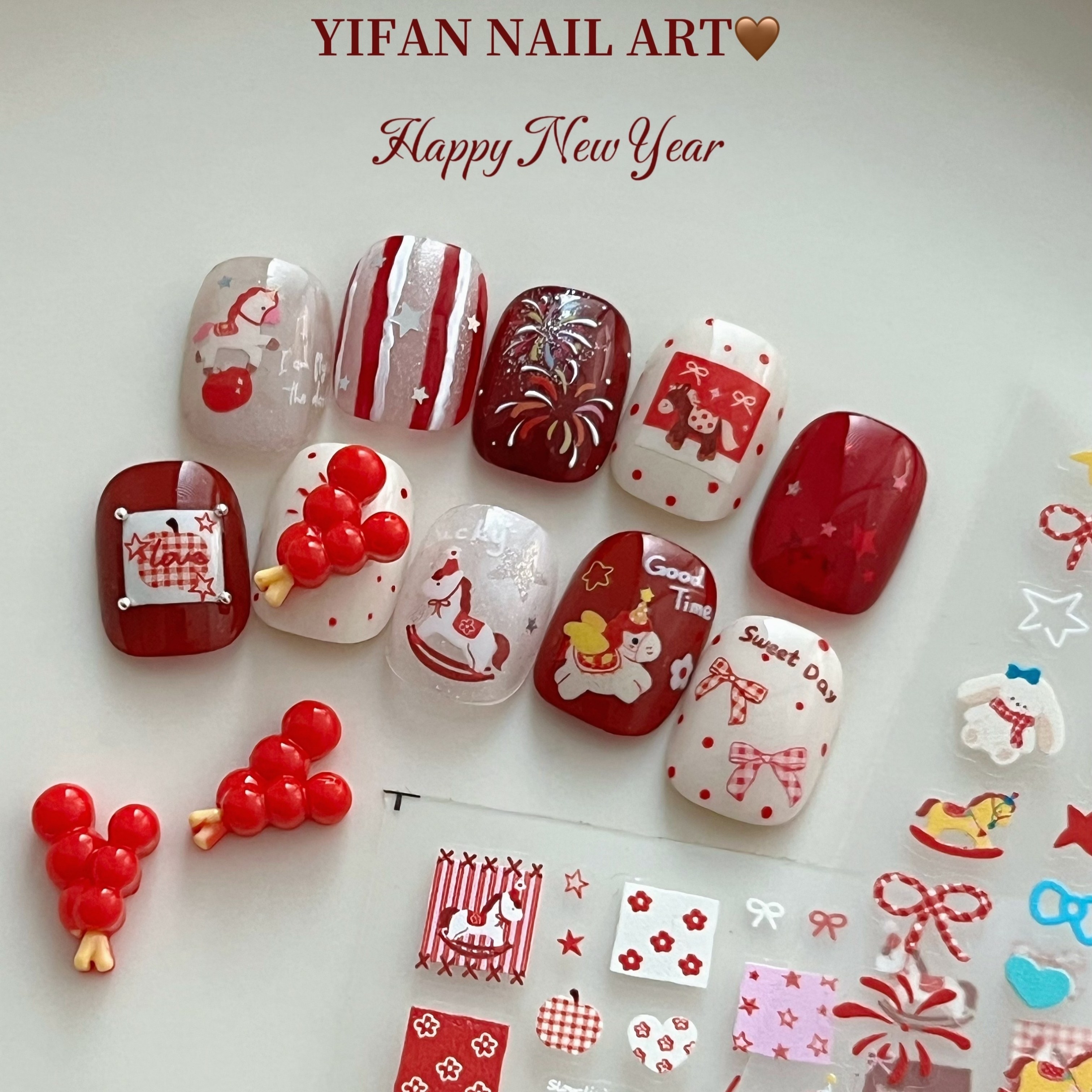 YIFANNAIL【春节马年】可爱马上有钱 红色小马薄韧美甲贴纸J205,淘宝优惠券,粉丝福利购,淘宝优惠卷