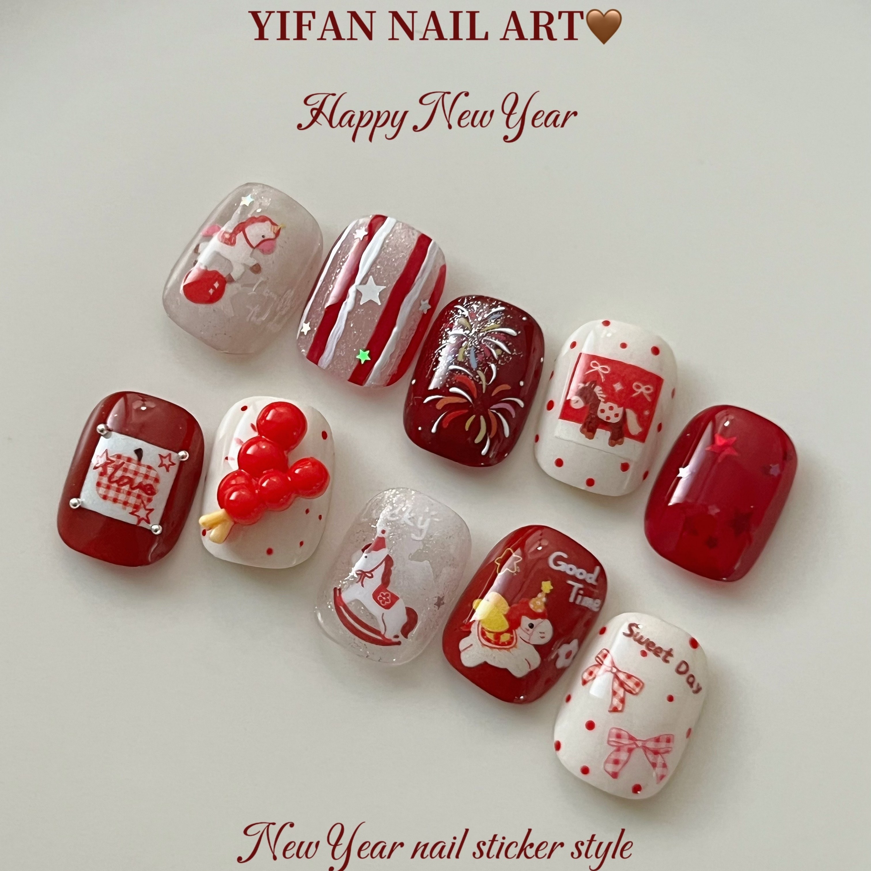 YIFANNAIL【春节马年】可爱马上有钱 红色小马薄韧美甲贴纸J205,淘宝优惠券,粉丝福利购,淘宝优惠卷