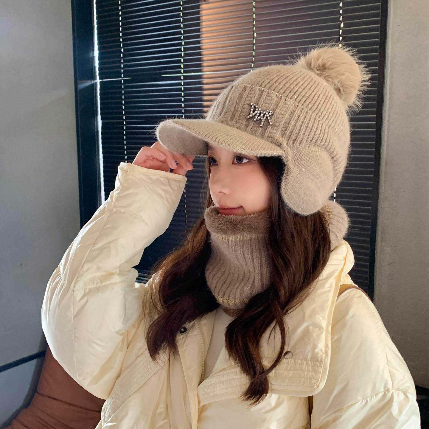 护耳帽女冬季2025新款加绒加厚保暖防寒毛线帽骑车帽子围脖二件套