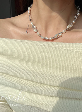 天然淡水巴洛克毛衣链纯银调节