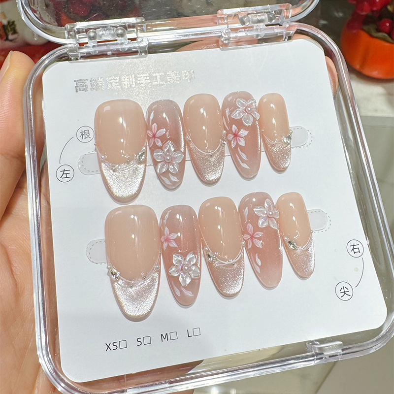 桃颜悦色夏日显白纯欲风立体桃花法式猫眼美甲成品手工定制穿戴甲 - 图2
