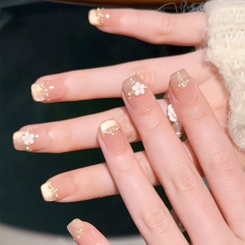 春夏新款温柔显白法式金色猫眼小花美甲手工定制穿戴甲防水可拆卸 - 图0