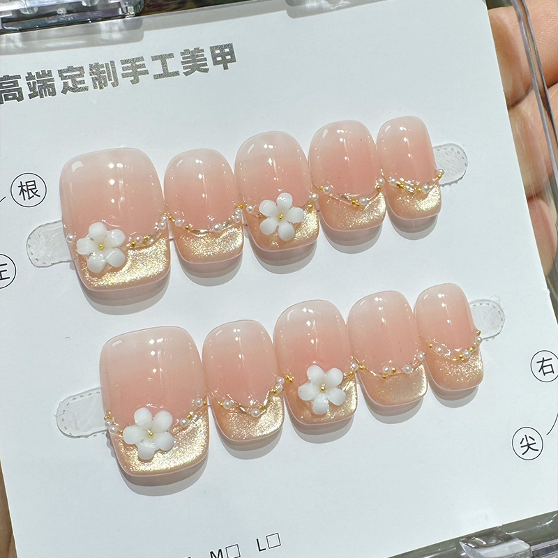 春夏新款温柔显白法式金色猫眼小花美甲手工定制穿戴甲防水可拆卸 - 图3