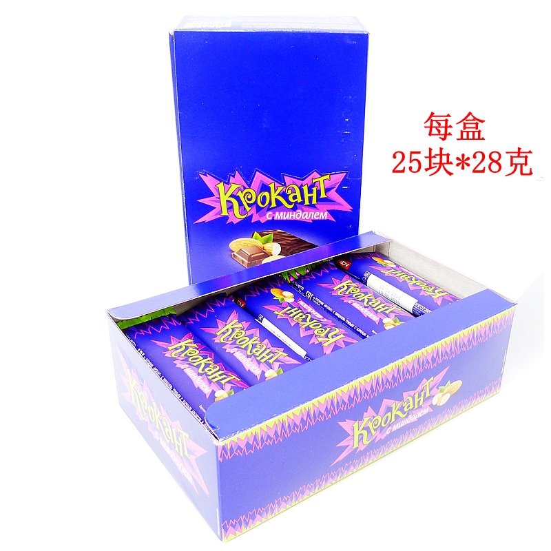 俄罗斯紫皮糖紫皮棒礼盒装进口巧克力杏仁酥脆糖果25块*28克包邮 - 图0