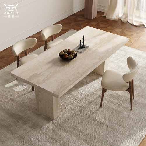 暮奢法式复古洞石岩板餐桌椅组合现代家用设计师样板房中古餐桌-图0