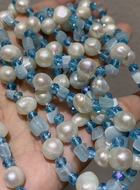 天然异形淡水珍珠和蓝水晶混合毛衣链长款项链120CM 俏立