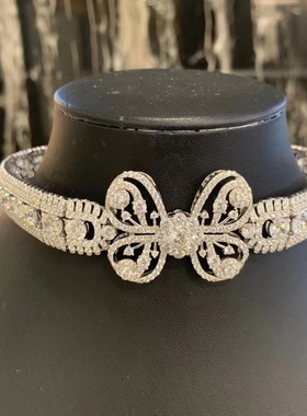 复古古董风格时尚锆石蝴蝶结颈链项链短款925纯银精镶气质QLUU