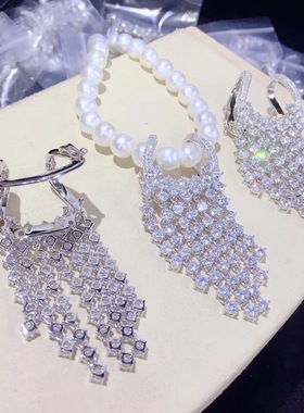 纯银锆石珍珠项链装饰扣流苏吊坠