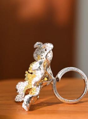 925纯银镶锆石花朵食指戒鸡尾酒会戒指可调节戒圈俏立