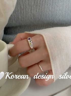 韩国东大门小众设计银饰品 S925纯银紫黄锆石爱心戒指叠戴饰品批