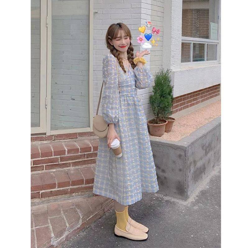 法式甜美泡泡袖百搭复古格子连衣裙 慕苑连衣裙