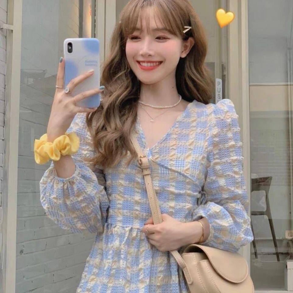 法式甜美泡泡袖百搭复古格子连衣裙 慕苑连衣裙