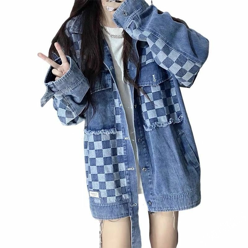 酷盐系穿搭棋盘格拼接开衫水洗夹克 慕苑短外套