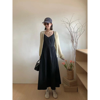 Suspender dress women's summer 2024 new Korean style temperament V-neck double shoulder strap design high waist mid-length skirt