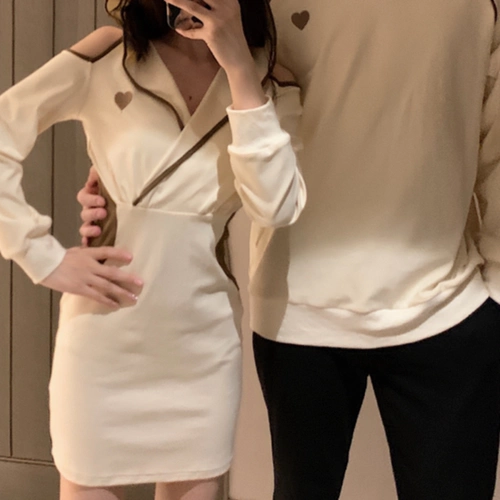 Осенняя небольшая парная одежда для влюбленных, дизайнерская брендовая толстовка, платье, тренд сезона, французский стиль