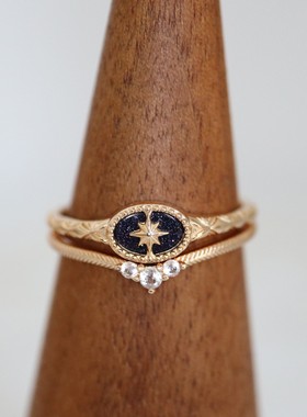 日系圣诞限定复古天然拉长石/蓝砂金磨砂戒指星芒指环s925银镀金