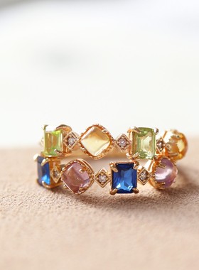 日系*限定色天然黄水晶橄榄石水晶宝石能量灭霸戒指925纯银指环