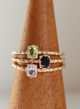 NJ同款复古日系轻珠宝天然坦桑石橄榄石戒指小众设计感指环银镀金