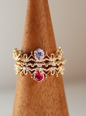 日系NJ新款中古风蕾丝天然坦桑石戒指女小众设计百搭高级感银镀金