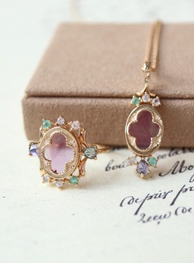 日系A家 复古窗花设计天然紫水晶戒指/项链925银镀金