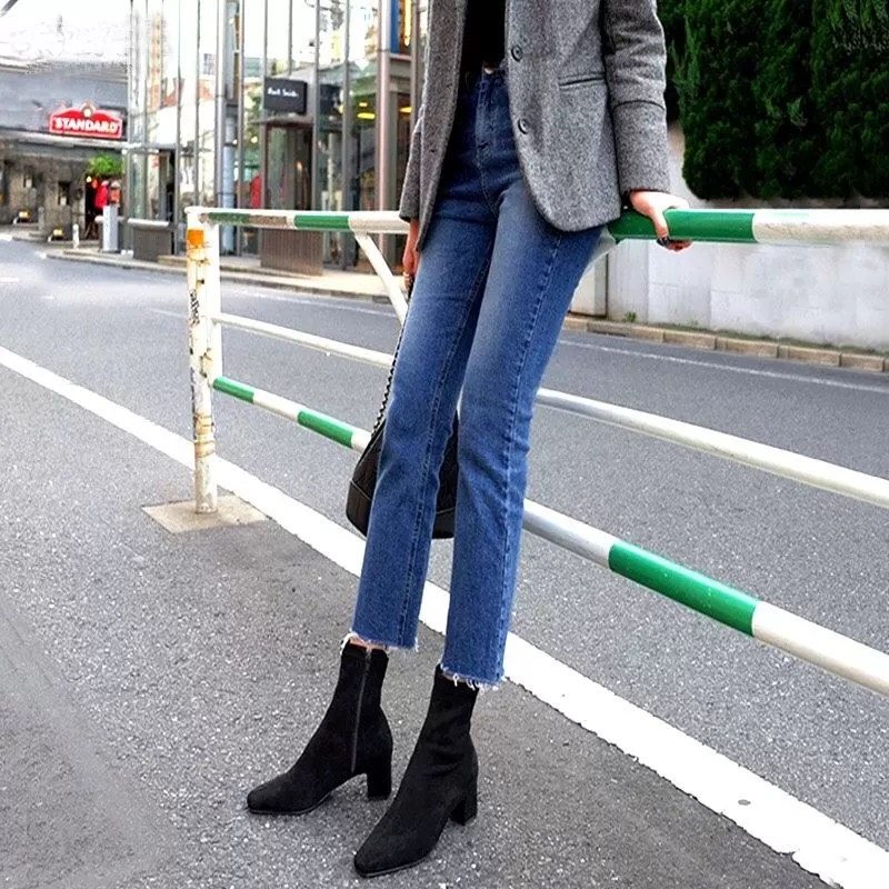 韩国直筒加绒九分毛边新款子牛仔裤 媛纪女装牛仔裤