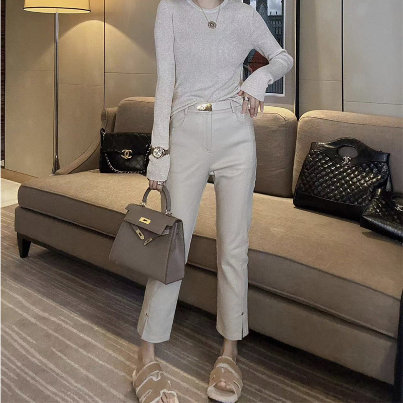 2025秋季新款涂层皮裤女侧开叉铆钉直筒九分烟管裤靴裤休闲裤女,淘宝优惠券,粉丝福利购,淘宝优惠卷