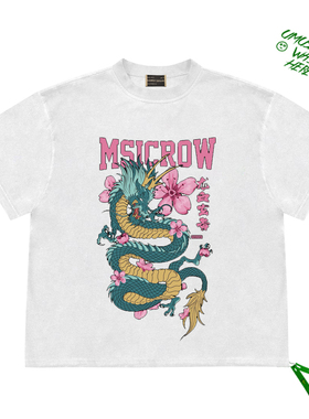 翡翠龙Emerald Dragon樱花插画印花图案日系原宿风休闲短袖上衣