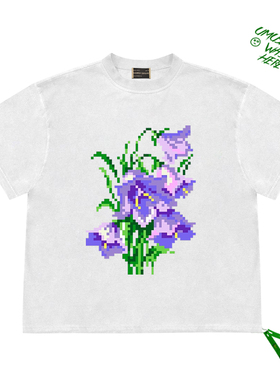flowers and plants紫色花卉设计感像素花图案小众创意短袖上衣