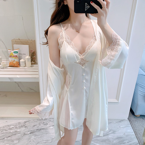 冰丝睡衣女夏性感纯欲风蕾丝吊带睡裙2026年新款带胸垫情调套装薄 - 图2
