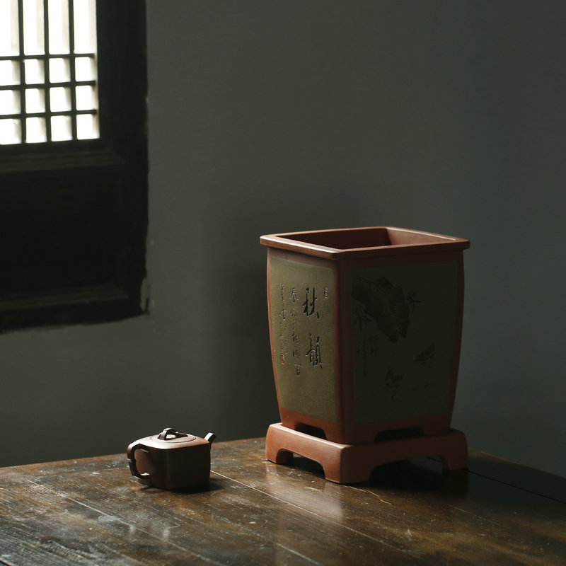 尚扣雅奢 阳光双色平口四方 紫砂花盆 原配底座 室内花卉通用包邮