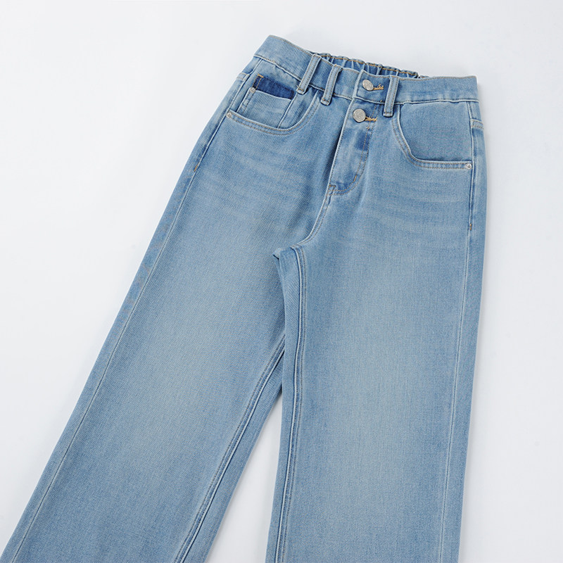 酒窝桃子大码宽脚边牛仔裤直筒显瘦遮肉后腰松紧春季水洗浅色,淘宝优惠券,粉丝福利购,淘宝优惠卷