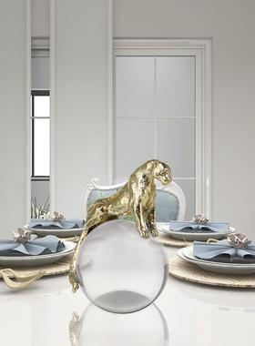 轻奢欧式高档纯铜豹子水晶球摆件现代中式样板房玄关装饰工艺品